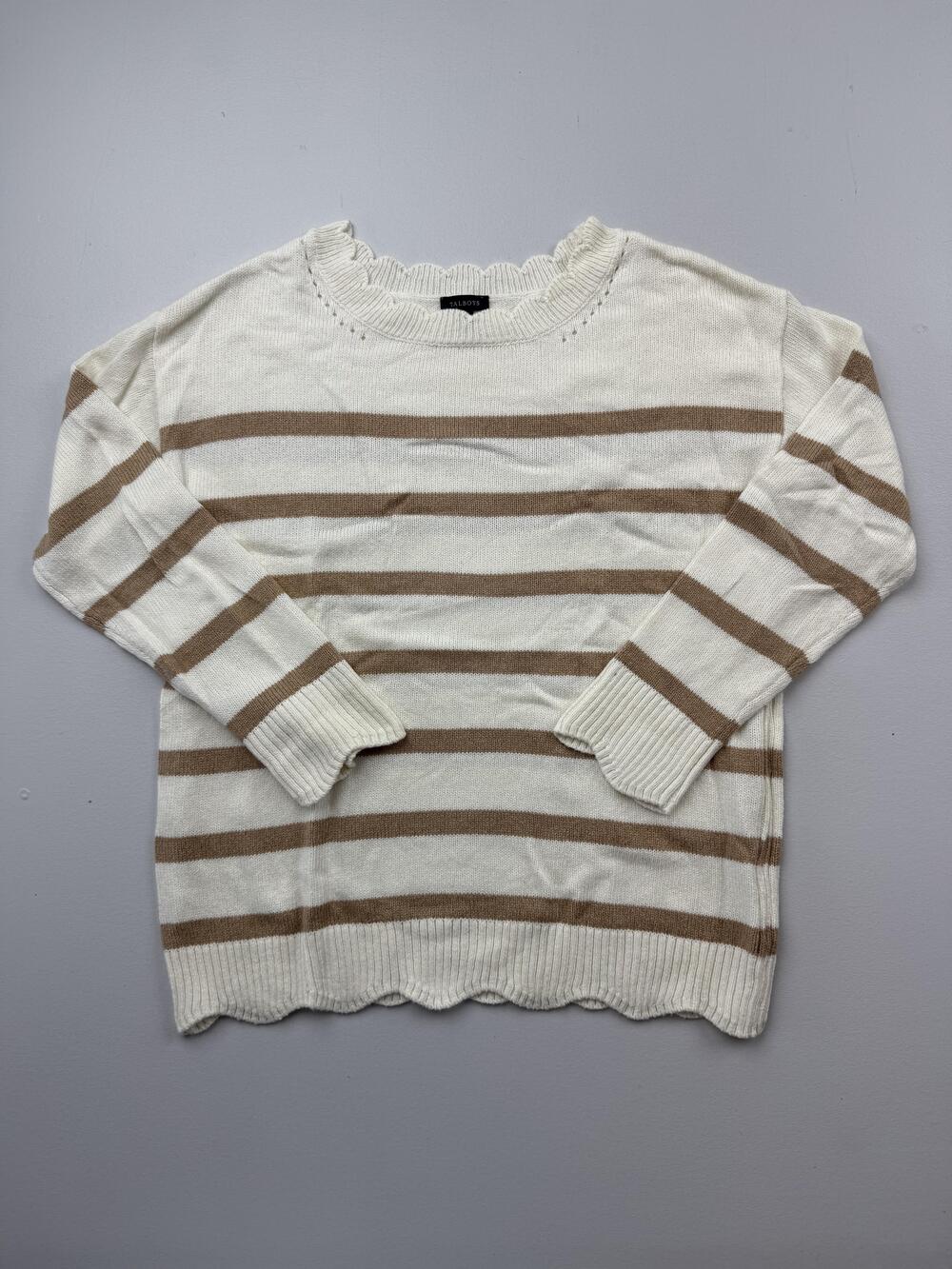 Talbots Sweater Womens Small White Tan Stripe Ruffle Crew Neck Knit Pullover